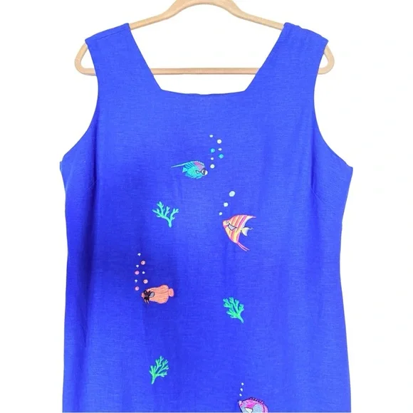 Cobalt Blue Linen Blend Fish Embroidered Shift Dress Coastal 16P - Picture 9 of 11